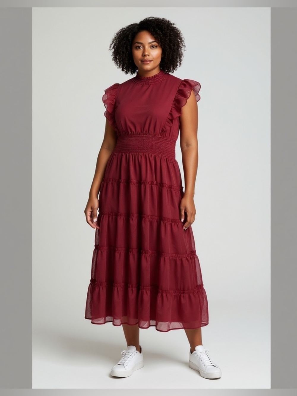 Chicsoul maxi tiered dress shimmer burgundy Cottagecore feminine smocking 1X